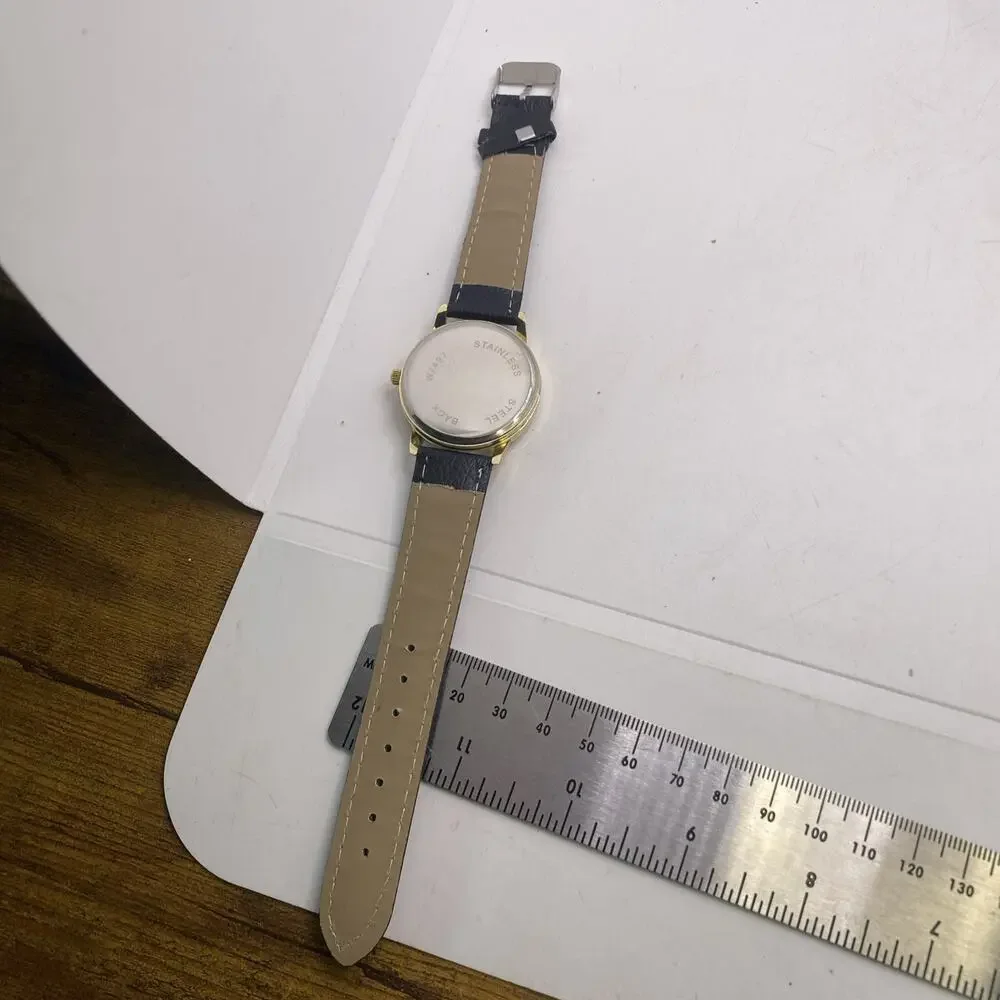 Geneva Gold Tone Rhinestone Black Leather Watch New Battery